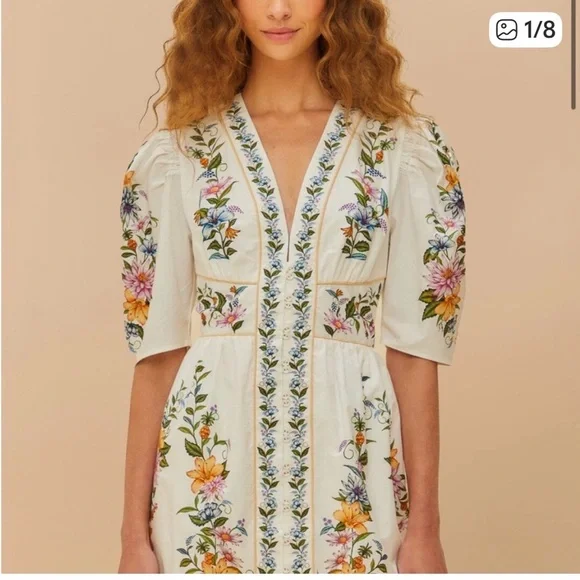 FARM Rio Sweet Bloom Dreamscape Off-White Organic Cotton Mini Dress - Picture 3 of 5